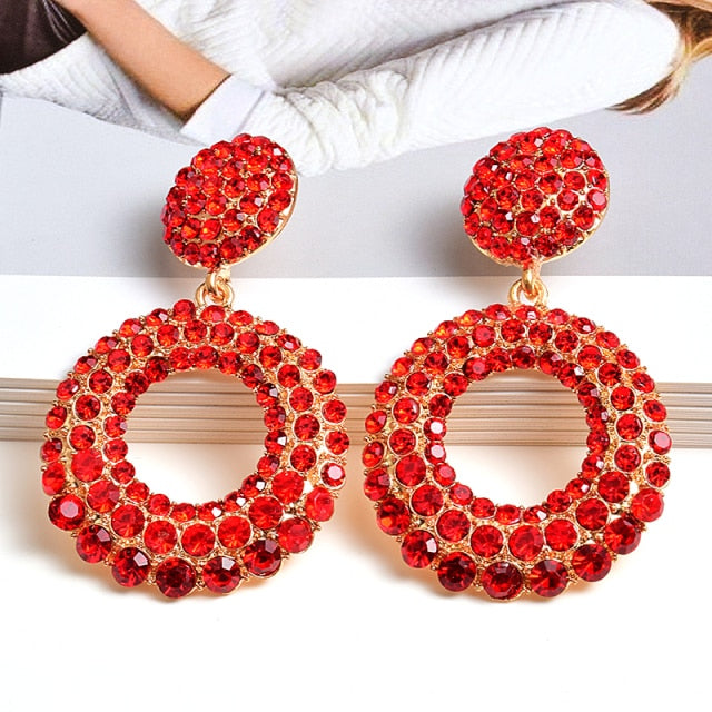 Big Rhinestones Earrings Statement Crystal Charms Tassel Large Dangle Earrings - Red