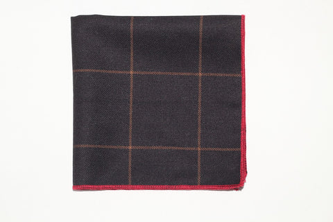 9" x 9" Pocket Square (Black,Tan Stripes and Red Trim)