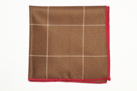 9" x 9" Cotton Pocket Square (Brown, with White Stripes and red trim)