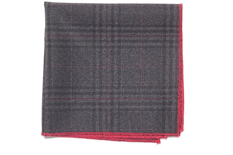 9" x 9" Cotton Pocket Square (Dark Grey, Black, with Red Plaid, and red trim)