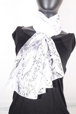 Floral Print Chiffon Silk (White, Black and Grey) Scarf