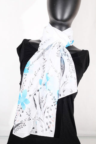 Floral Print Chiffon Silk (White, Black and Turquoise ) Scarf