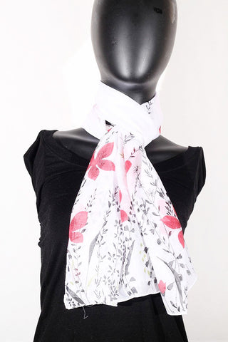 Floral Print Chiffon Silk (White, Black and Red) Scarf