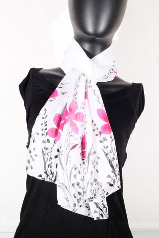 Floral Print Chiffon Silk (White, Black and Pink) Scarf