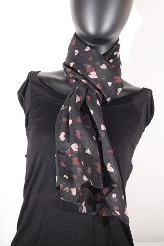 Hearts Printed Chiffon Silk (Black, Maroon & Pale Pink) Scarf